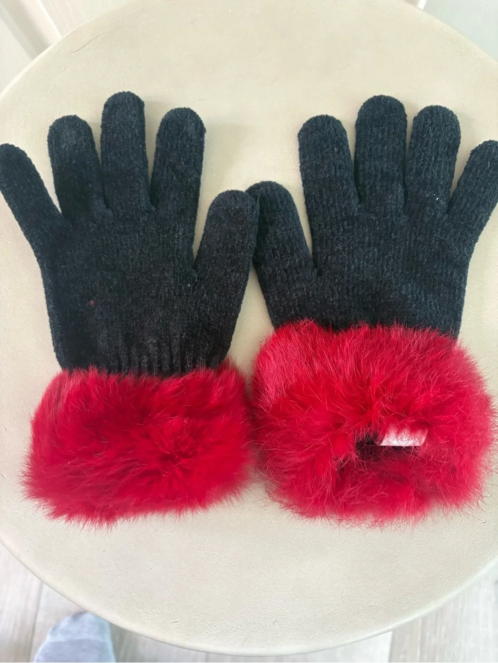 Black And Red Rabbit Fur Gloves | OS | Like New